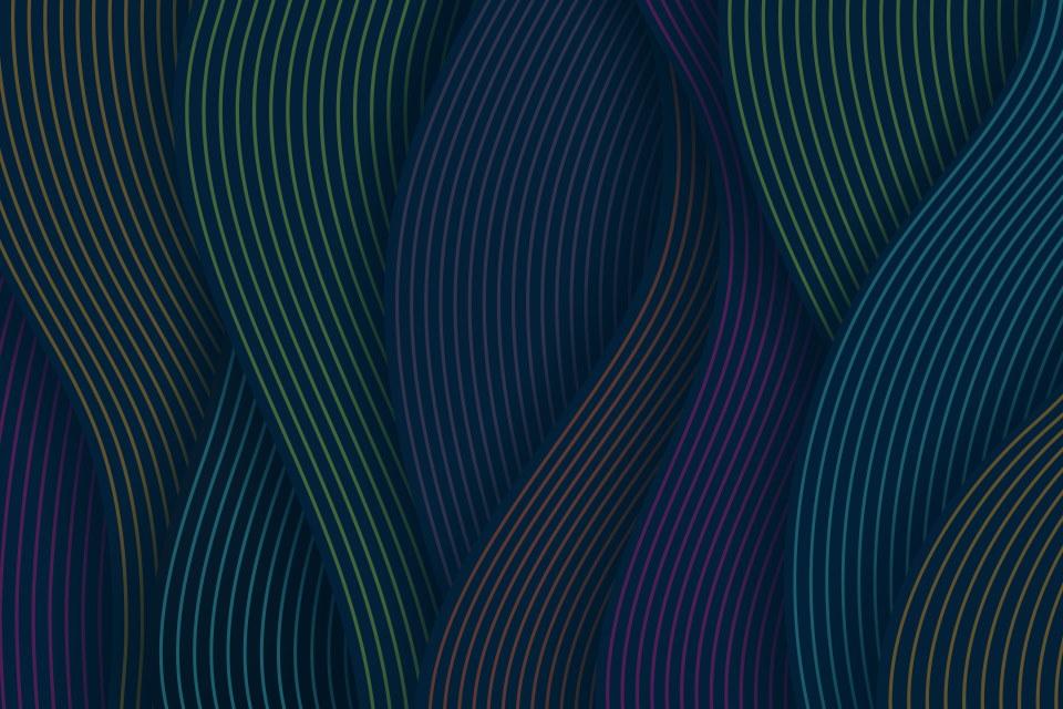 Wavy lines with blue and green gradient on a dark background.