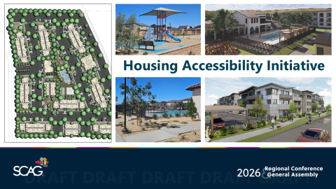 Housing project plans, playground, pool, modern buildings, and streetscape.