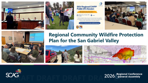 Collage of wildfire protection meetings and plans for San Gabriel Valley.