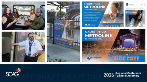 People riding a train, promotional posters, and banners for Metrolink.
