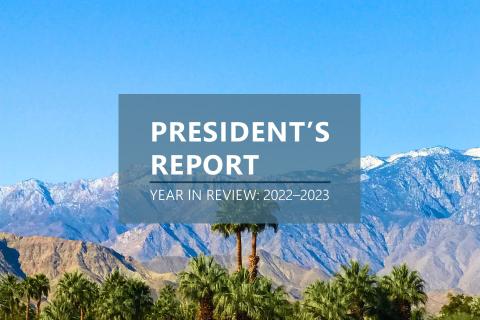 President's Report text over desert landscape, mountains in background.