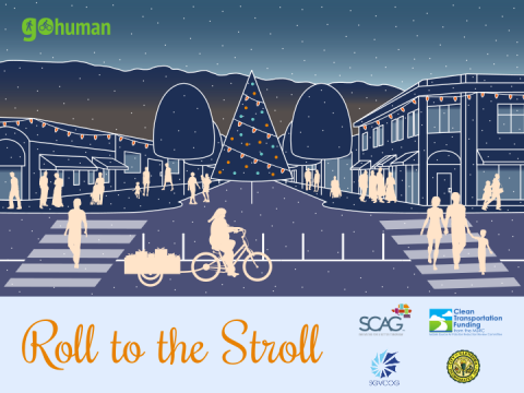 Holiday-themed street scene with people, a cyclist, and a decorated tree.