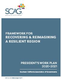SCAG logo with text about a resilient region work plan for 2020-2021.